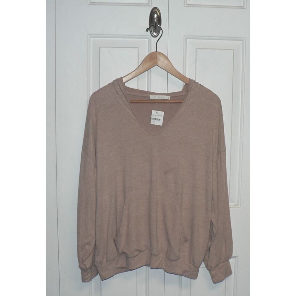 Lush Women's Brushed Knit V-Neck Long Sleeve Kangaroo Pocket Hoodie Oyster Small